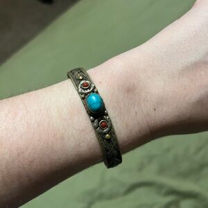 Turquoise and Red Stone Brass Bracelet